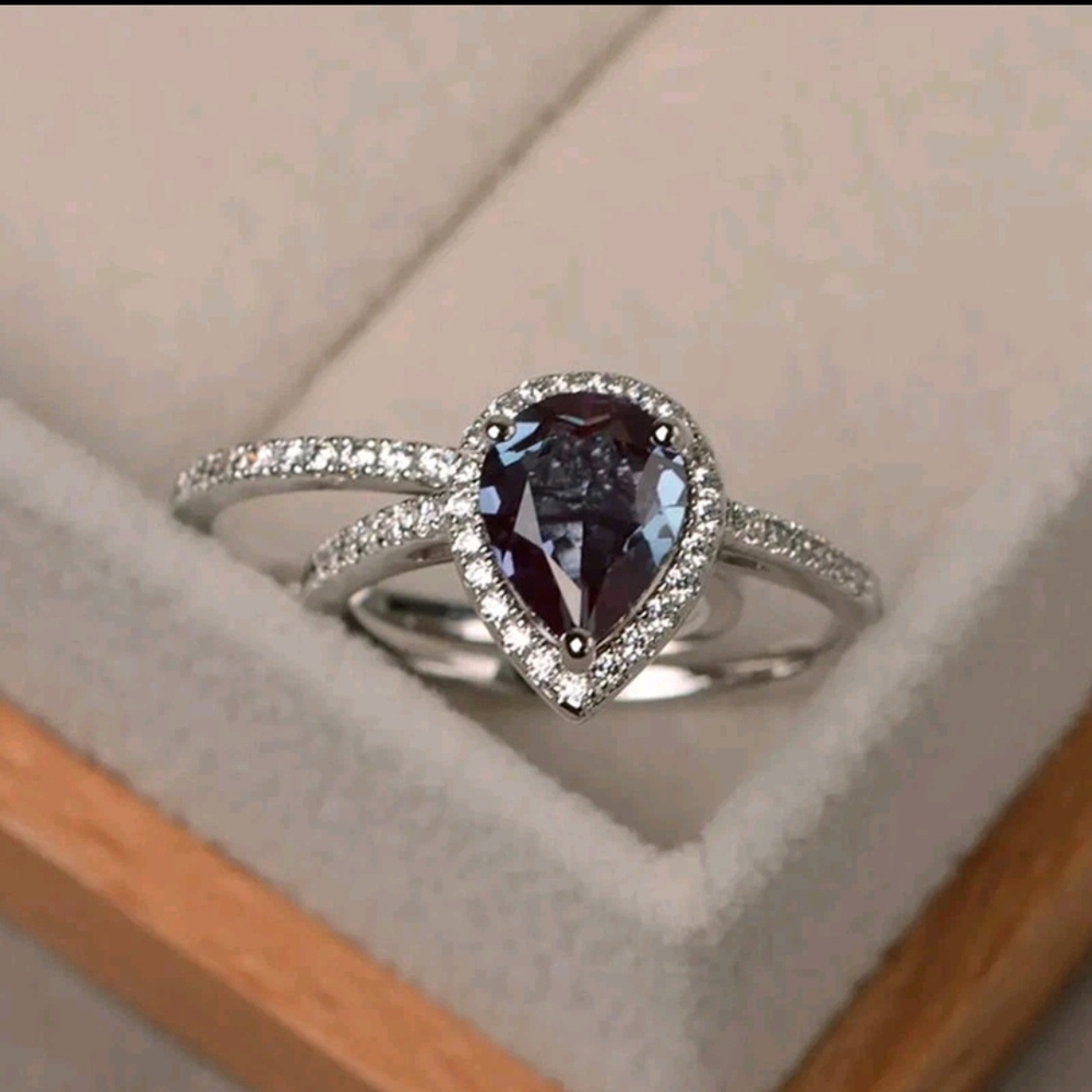 Glamorous 925 Silver Teardrop Ring and Band - CZ - Size in Photo